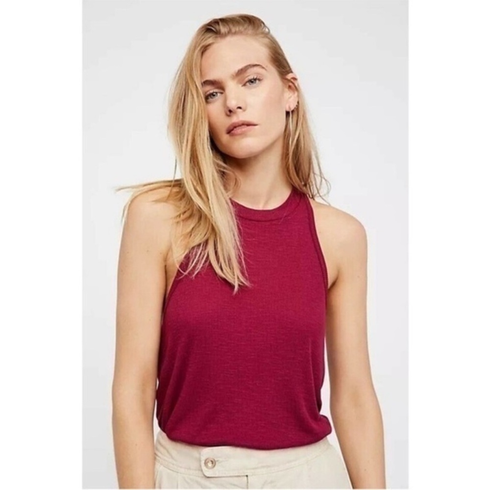 Free People Ribbed Split Sides Tank Top in Burgundy (Size S)